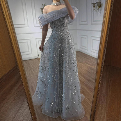 Glamorous Silver Gray Off-Shoulder Beaded Evening Dress LA73062 - SERENE HILL
