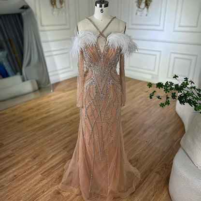 Luxury Dubai Blue Feather Beaded Luxury Mermaid Evening Dresses Gowns for Women Formal Occasion LA72836 - SERENE HILL