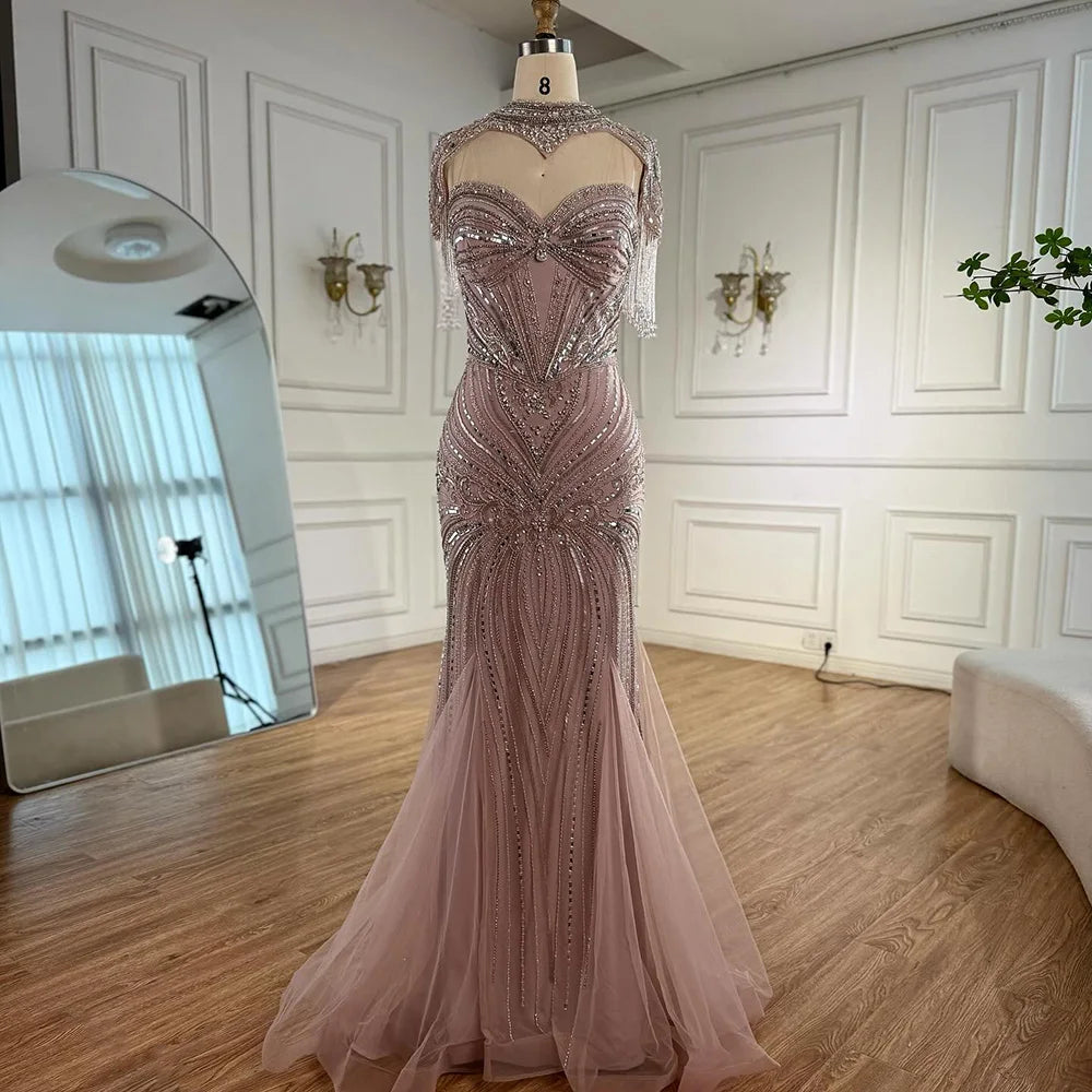 Luxury Nude Beaded High Neck Mermaid Evening Dress LA72897 - SERENE HILL