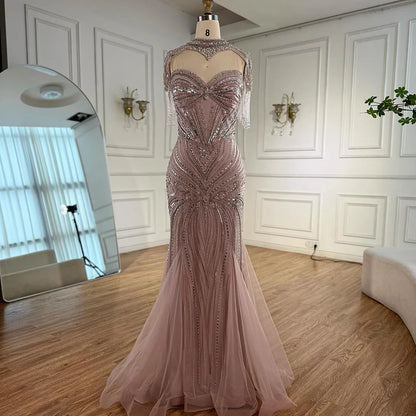 Luxury Nude Beaded High Neck Mermaid Evening Dress LA72897 - SERENE HILL