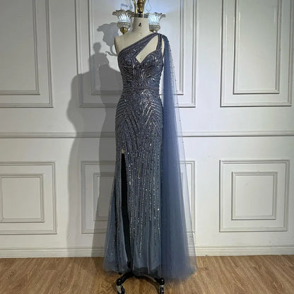 Luxury Caramel Beaded Mermaid Evening Dress with One Shoulder Cape LA73085 - SERENE HILL