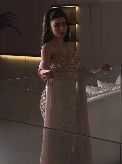 Luxury Pink Beaded Mermaid Evening Dress with Cape LA73366 - SERENE HILL