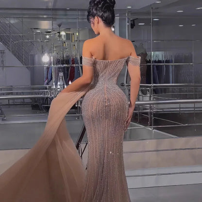 Luxury Nude Off Shoulder Beaded Mermaid Gown with Overskirt LA73139 - SERENE HILL