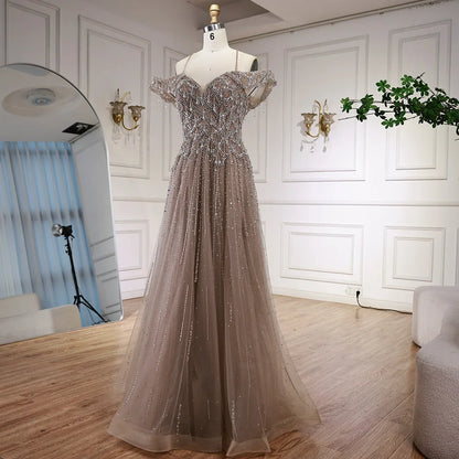 Luxury Arabic Caramel Off Shoulder Beaded A Line Evening Dress LA71606 - SERENE HILL