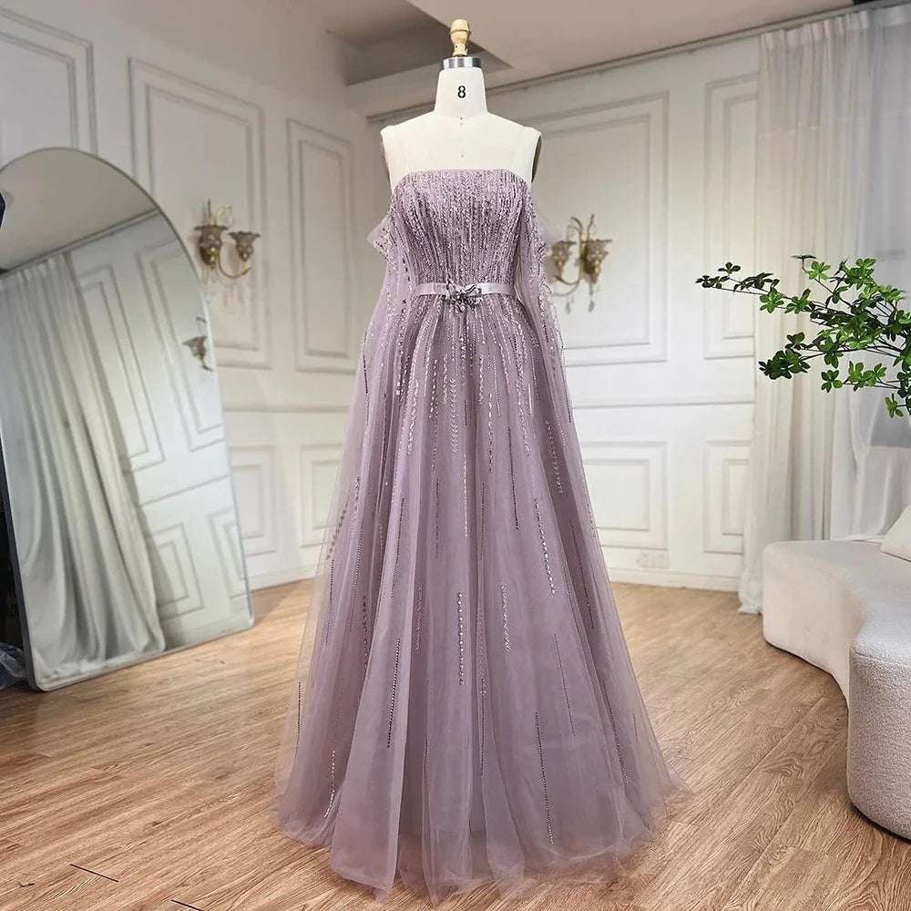 Luxury Black A Line Beaded Evening Dress with Cape Sleeves LA71824 - SERENE HILL
