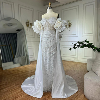 Red Long Cape Pearls Beaded Mermaid Evening Dress Gown LA72585A - SERENE HILL