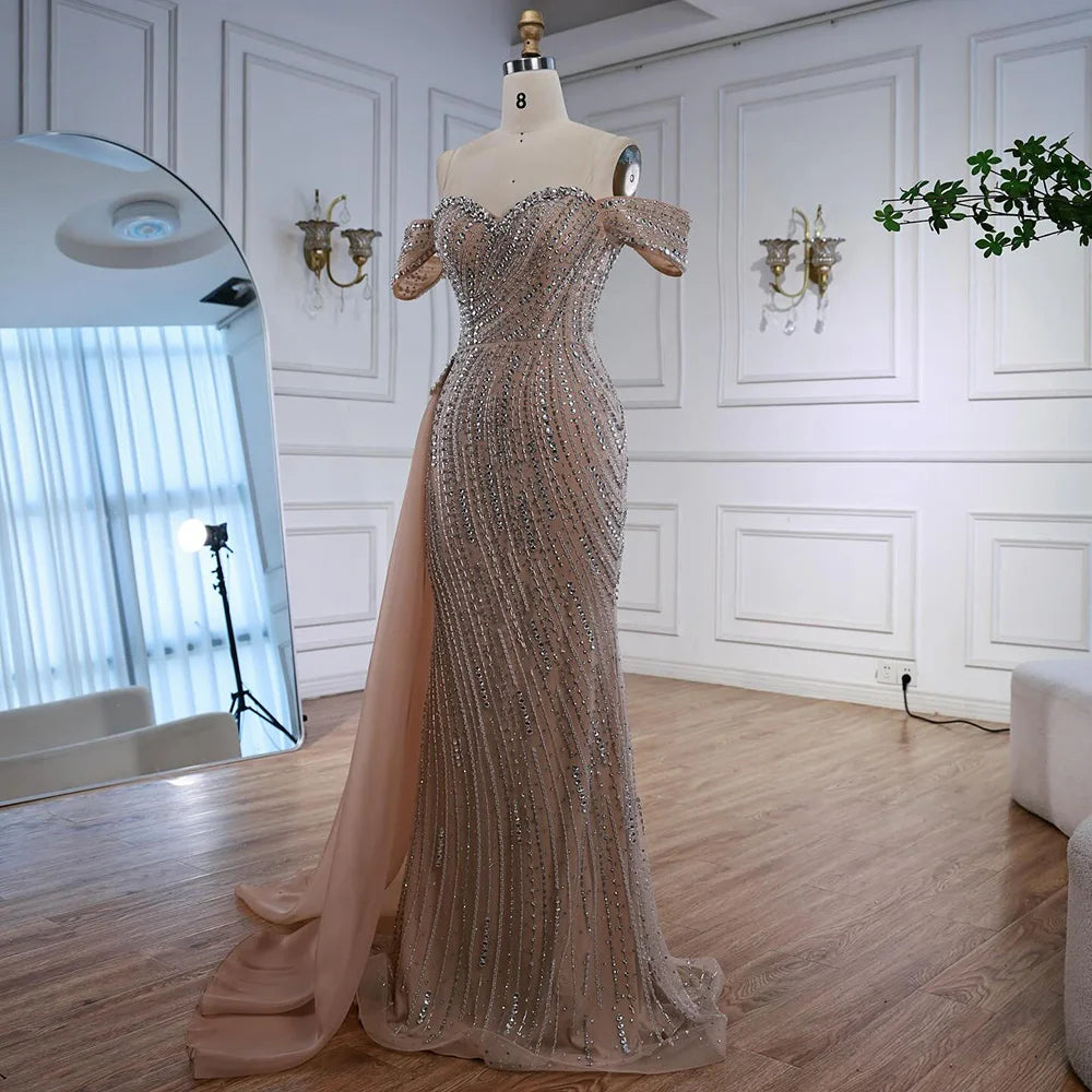 Luxury Nude Beaded Mermaid Evening Dress with Overskirt LA72911 - SERENE HILL