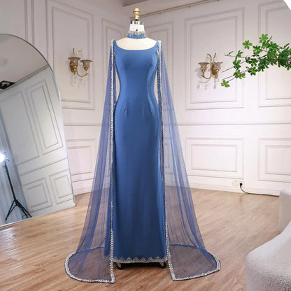 Luxury Blue Mermaid Beaded Evening Dress with Cape Sleeves LA72086 - SERENE HILL