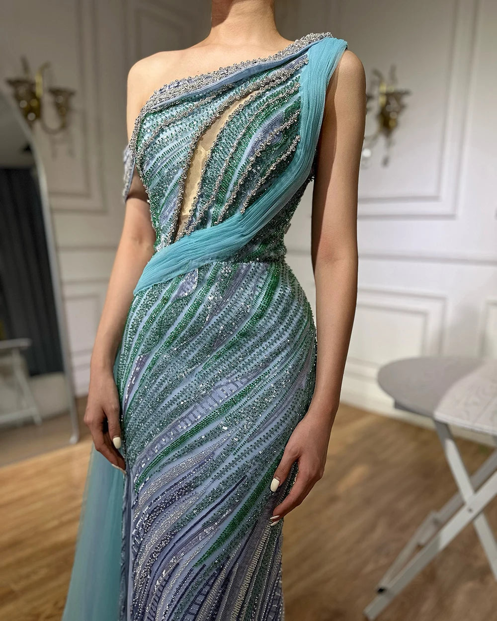 Luxury Dubai Arabic One-Shoulder High Split Blue Mermaid Gown Luxury Beaded Saudi Evening Dress for Formal Occasion LA72718 - SERENE HILL