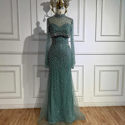 Luxury Turquoise Two Pieces Beaded Mermaid Evening Dress with Detachable Top LA73095 - SERENE HILL
