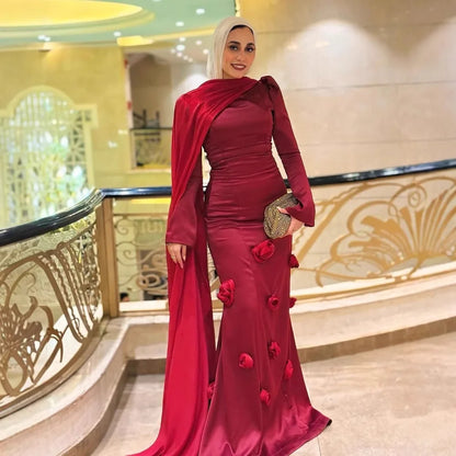 Modest Wine Red 3D Flower Mermaid Evening Dress LA72954A - SERENE HILL