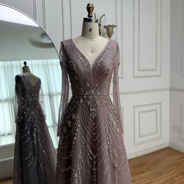Luxury Pink Beaded A-Line Evening Dress 2025 with V Neck & Long Sleeves LA73114