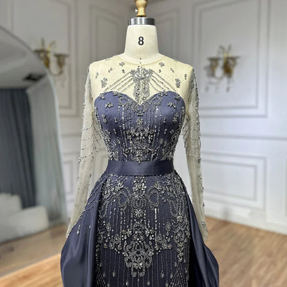 Luxury Dubai Blue Crystal Beaded Evening Dress with Overskirt LA72757 - SERENE HILL