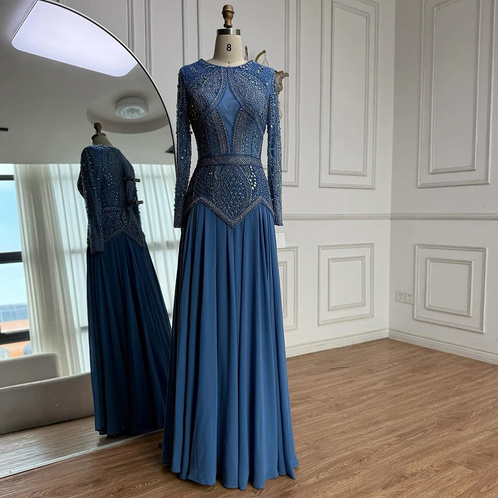 Luxury Designer Blue Beaded Evening Dress with Long Sleeves LA72962 - SERENE HILL
