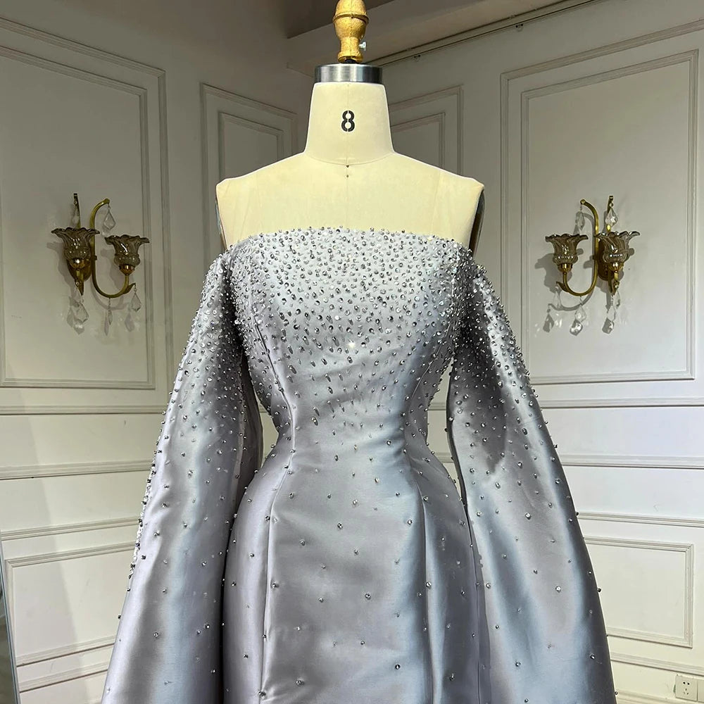 Luxury Dubai Luxury Off Shoulder A Line Gray Satin Evening Gown Pearl Beaded for Formal Occasion LA72779 - SERENE HILL