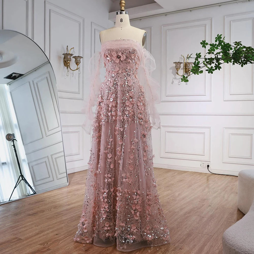 Elegant Pink 3D Flowers Evening Dress with Gloves LA72912 - SERENE HILL