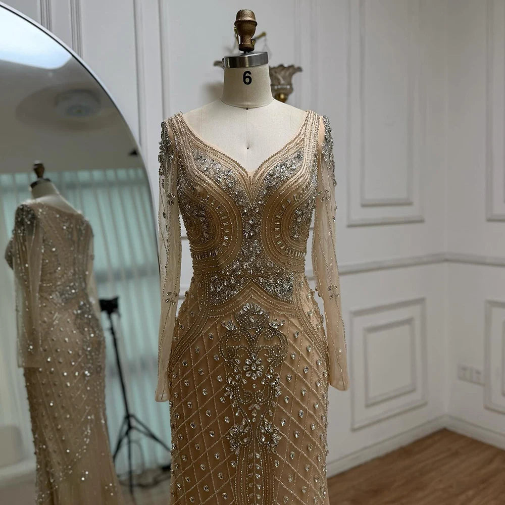 Luxury Nude Long Sleeve Beaded Mermaid Evening Dress LA73155 - SERENE HILL