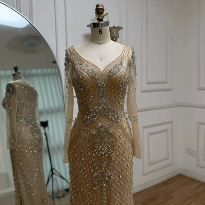 Luxury Nude Long Sleeve Beaded Mermaid Evening Dress LA73155 - SERENE HILL