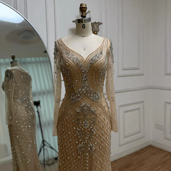 Luxury Nude Long Sleeve Beaded Mermaid Evening Dress LA73155