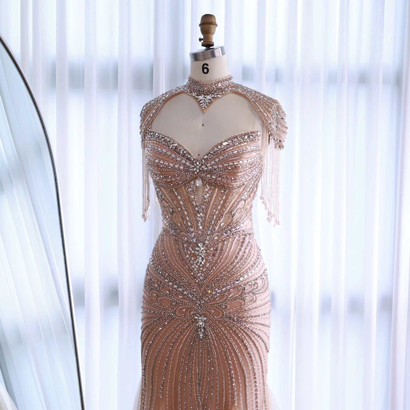 Luxury Dubai Beaded Blue Pink Evening Dress with Tassel Cape LA72897B - SERENE HILL