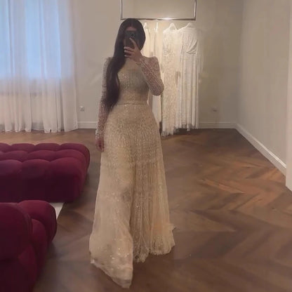 Luxury Nude A-Line Pearls Beaded Evening Dress LA73174 - SERENE HILL