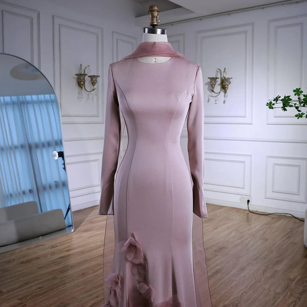 Luxury Pink 3D Flower Evening Dress Long Sleeves LA72954 - SERENE HILL