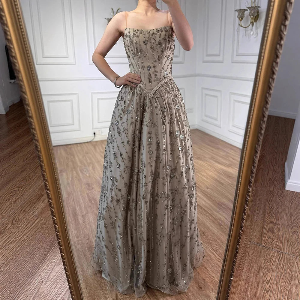 Luxury Sage Green Beaded A-Line Spaghetti Strap Evening Dress LA72805 - SERENE HILL