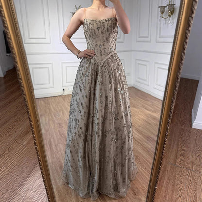 Luxury Sage Green Beaded A-Line Spaghetti Strap Evening Dress LA72805 - SERENE HILL