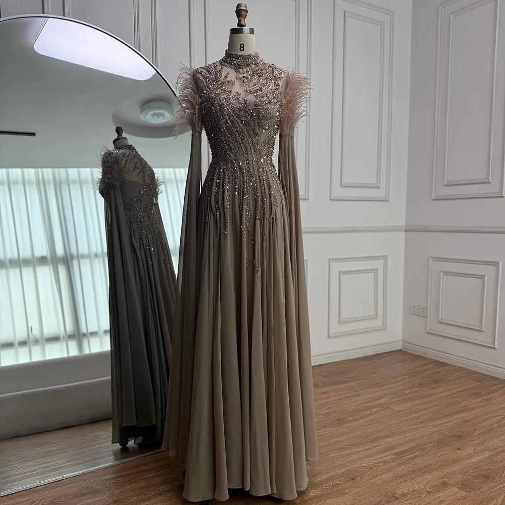 Luxury Pink Feather Beaded Evening Dress with Long Cape Sleeves LA72982 - SERENE HILL