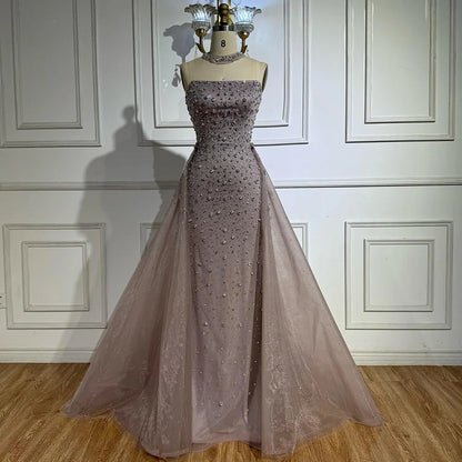 Luxury Arabic Pink Beaded Mermaid Evening Dress with Overskirt LA73084 - SERENE HILL