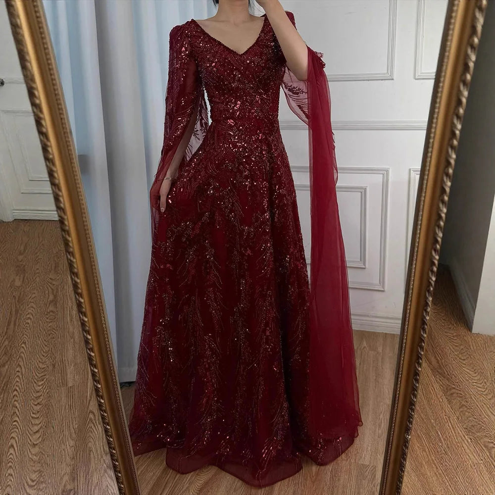 Luxury Wine Red A-Line Luxury Beaded Evening Dress with Cape LA73127 - SERENE HILL