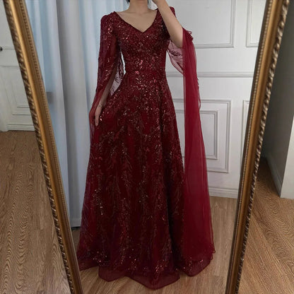 Luxury Wine Red A-Line Luxury Beaded Evening Dress with Cape LA73127 - SERENE HILL