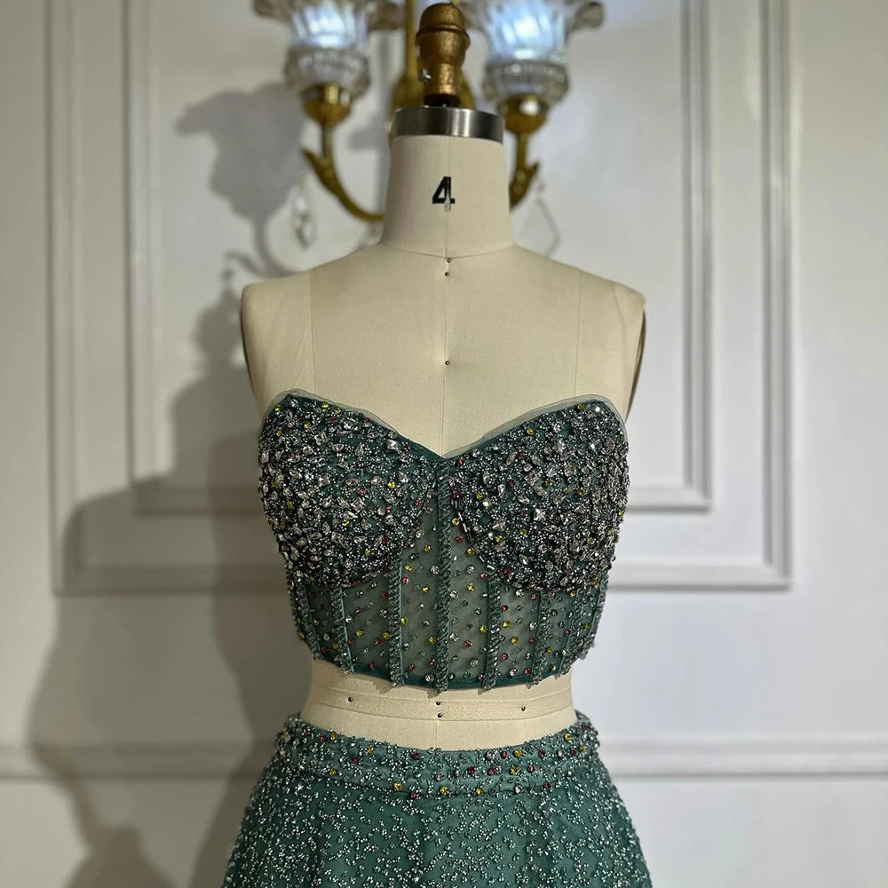 Luxury Dubai Customize Saudi Turquoise Two-Piece Evening Dress with High Split for Formal Occasion LA72786 - SERENE HILL
