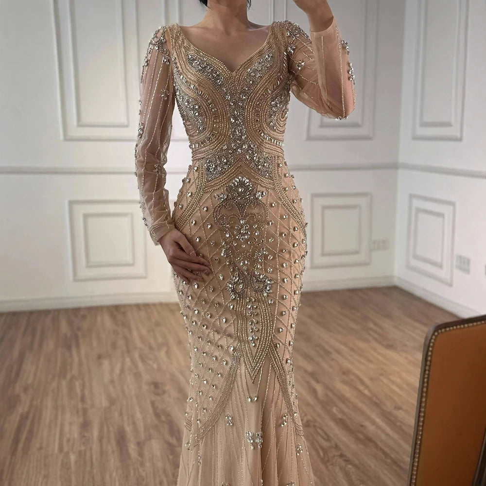 Luxury Nude Long Sleeve Beaded Mermaid Evening Dress LA73155 - SERENE HILL