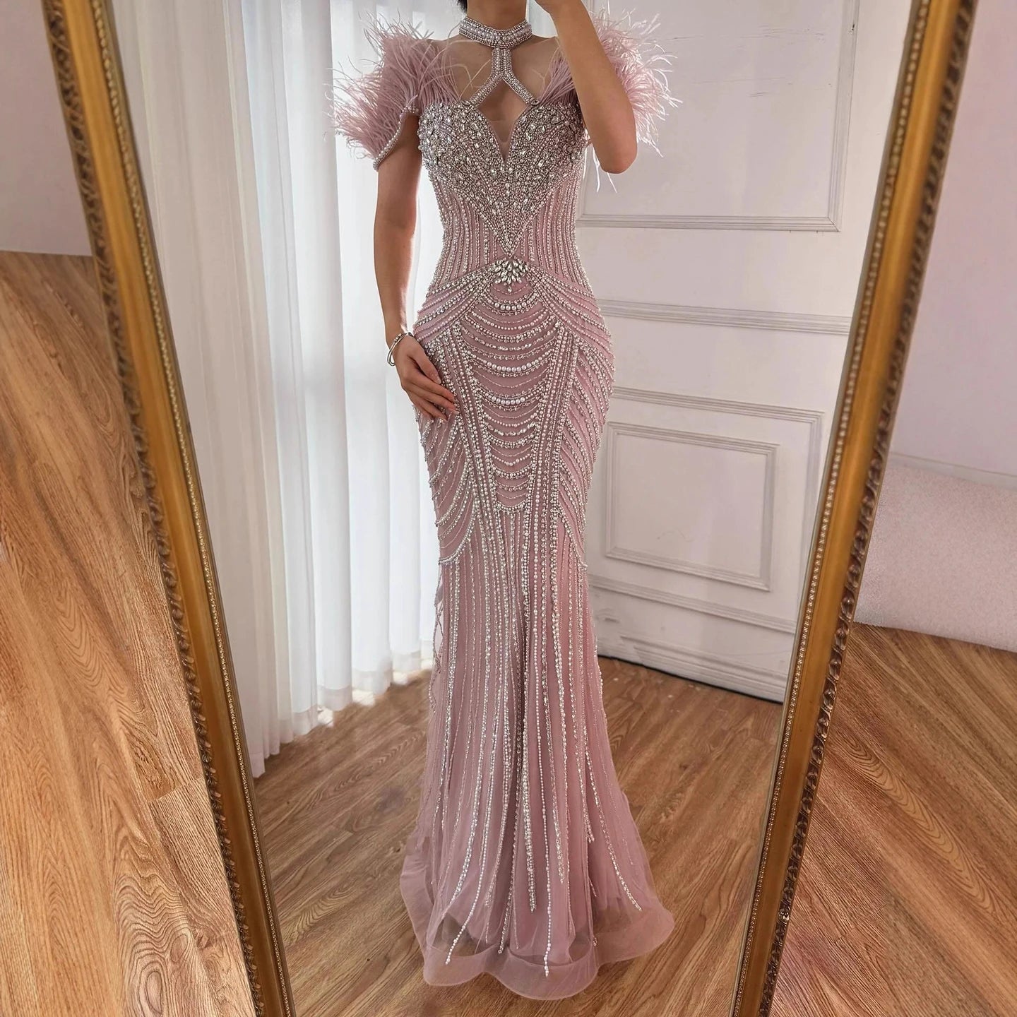 Luxury Pink Feather Halter Beaded Evening Gown for Wedding Party LA73212 - SERENE HILL