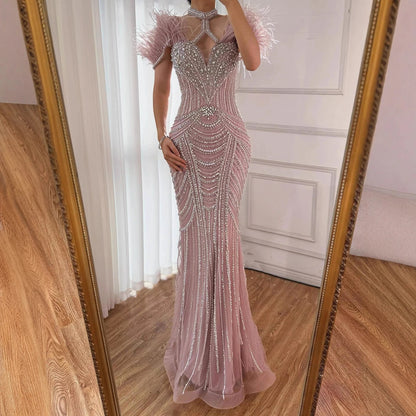 Luxury Pink Feather Halter Beaded Evening Gown for Wedding Party LA73212 - SERENE HILL