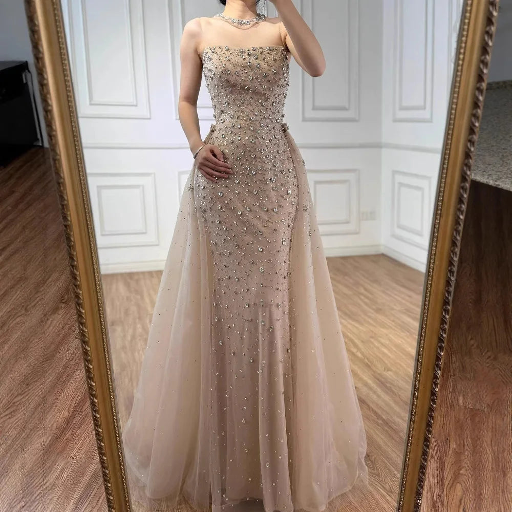 Luxury Arabic Pink Beaded Mermaid Evening Dress with Overskirt LA73084 - SERENE HILL