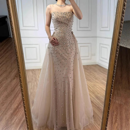 Luxury Arabic Pink Beaded Mermaid Evening Dress with Overskirt LA73084 - SERENE HILL