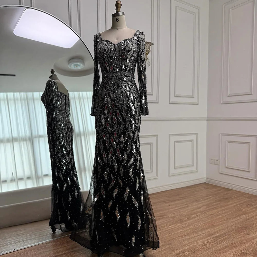Luxury Black Silver Sequin Long Sleeve Mermaid Evening Dress LA73113 - SERENE HILL
