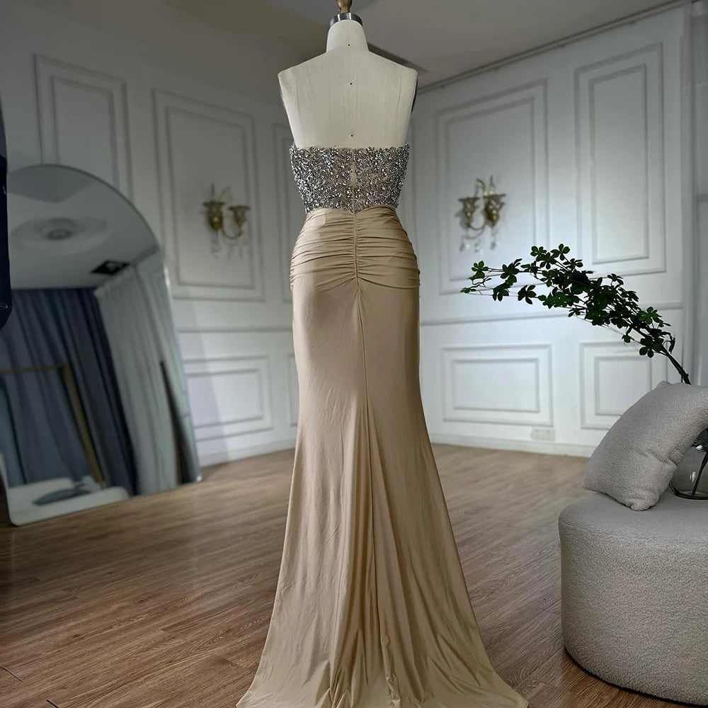 Luxury Dubai Saudi Arabic Gold Elegant Evening Gown Crystal Beaded Dress for Formal Occasion LA72759 - SERENE HILL