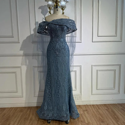 Luxury Blue Lace Off Shoulder Evening Dress for Women LA73125 - SERENE HILL