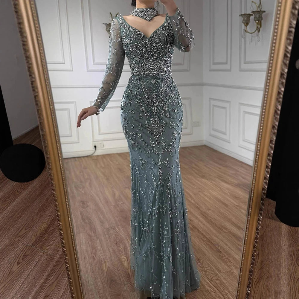 Luxury Caramel Beaded Crystal Mermaid Evening Dress Long Sleeves LA73042B - SERENE HILL