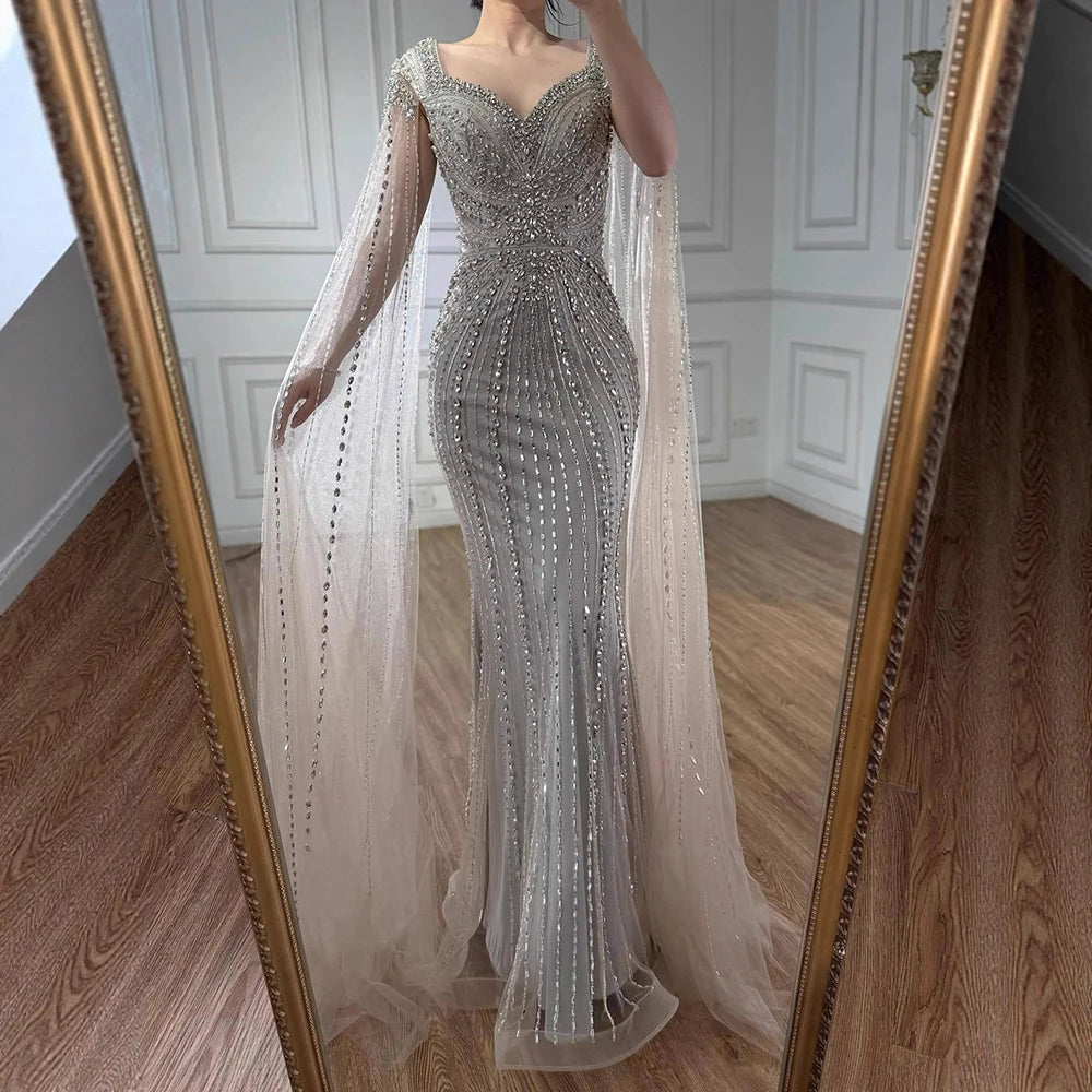 Luxury Arabic Nude Beaded Evening Dress with Cape Sleeves LA73181 - SERENE HILL