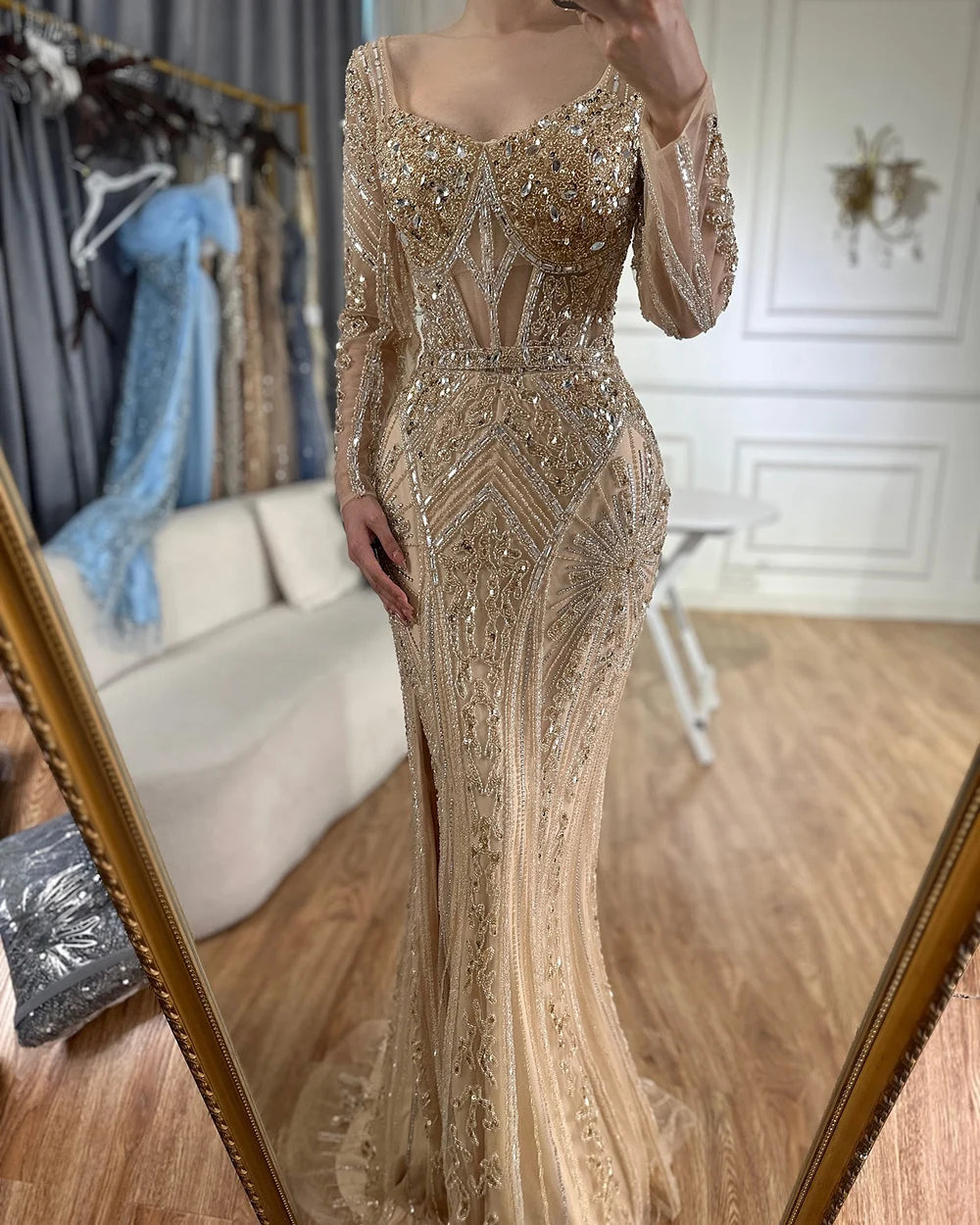 Luxury Dubai Beaded Evening Dress With Long Sleeve LA72518 - SERENE HILL