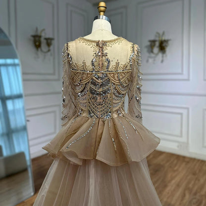 Luxury Arabic Nude Evening Dress Long Sleeve Overskirt LA72971 - SERENE HILL