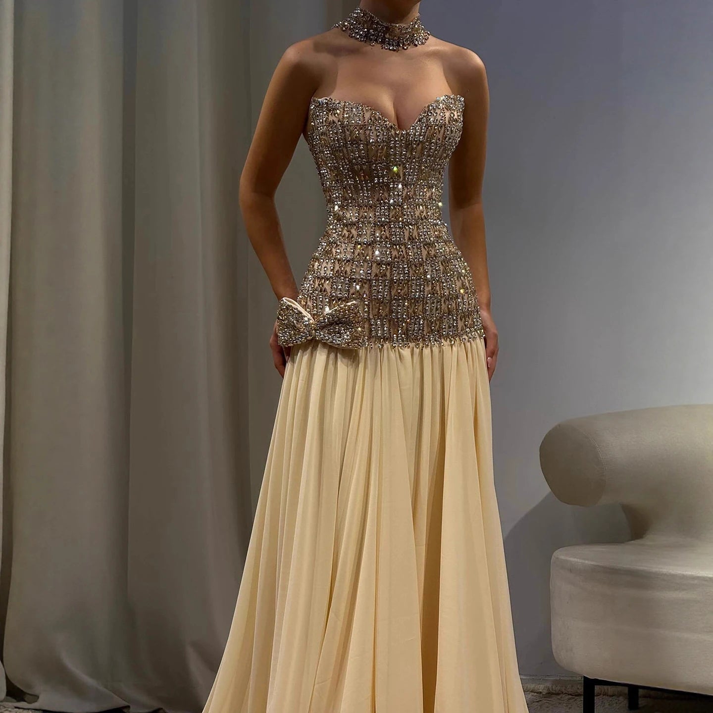 Luxury Champagne A-Line Crystal Beaded Evening Dress LA73361 - SERENE HILL