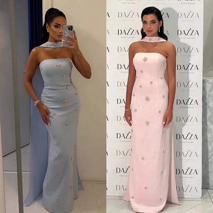Luxury Pink Arabic Mermaid Crystal Evening Dress with Cape LA73100 - SERENE HILL