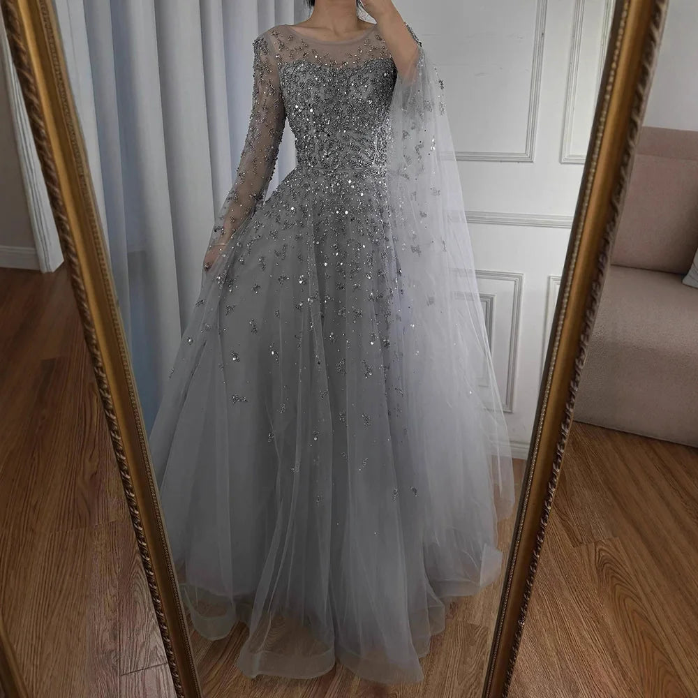 Luxury Beaded Evening Dress With Cape Sleeves LA72965 - SERENE HILL