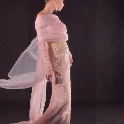 Luxury Pink Beaded Mermaid Evening Dress with Sheer Cape LA73346 - SERENE HILL