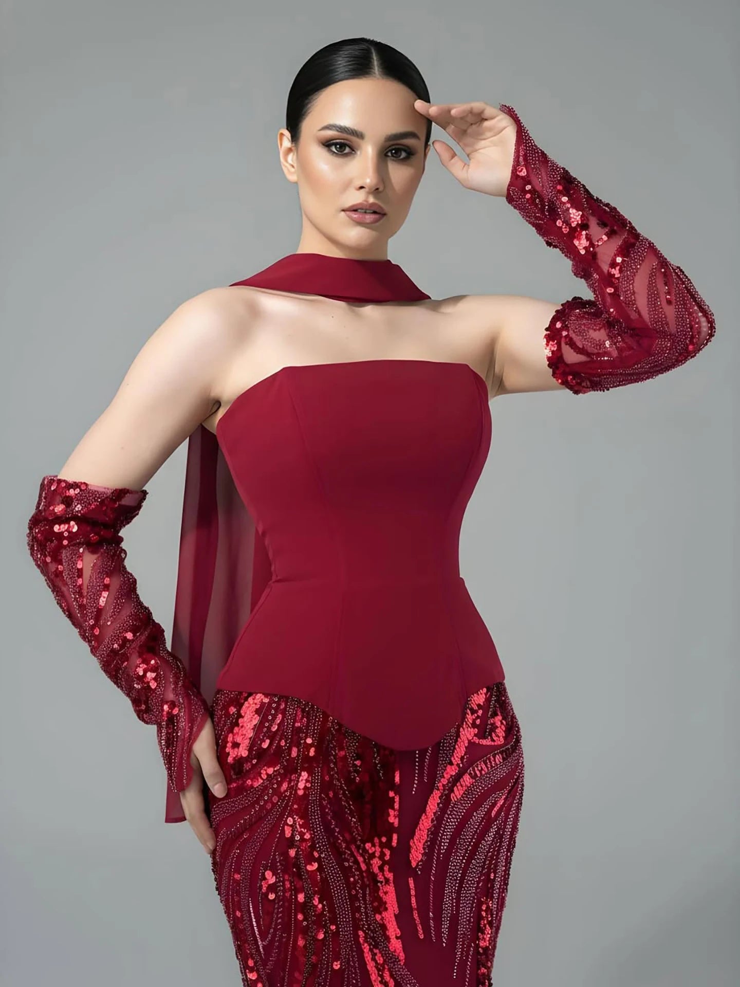 Luxury Wine Red Mermaid Evening Dress With Gloves LA73050E - SERENE HILL
